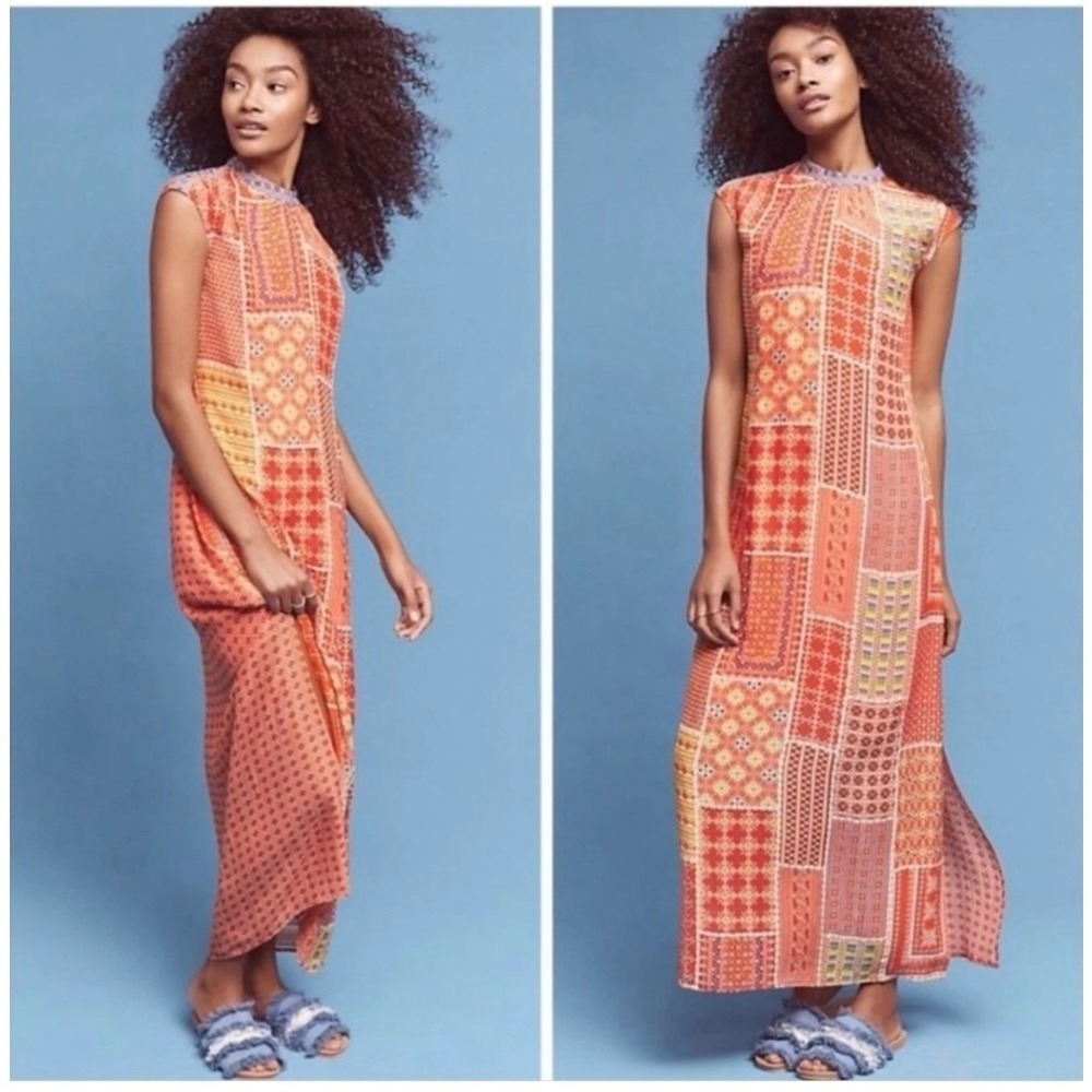 Anthropologie Tanvi Kedia Red Patchwork Beaded Tassel Sleeveless Midi Dress XS